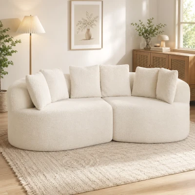 HOMCOM 3-Sitzer-Sofa Geschwungen Chenille 188 cm, Wohnzimmersofa mit tiefer Sitzfläche, 6 Kissen, dicke Polsterung, Creme