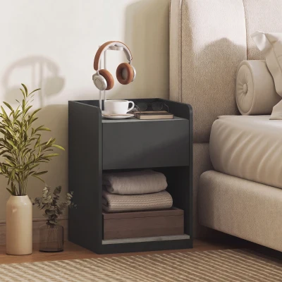 HOMCOM Modern Bedside Table Drawer Shelf Wood Black Grey