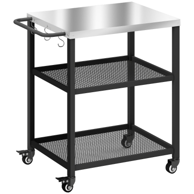 Outsunny Grillwagen 3-laags serveerwagen met verstelbaar werkblad, planken, haken en wielen 77 x 51 x 80 cm Zwart