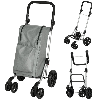 HOMCOM Boodschappentrolley, 46L tas, opvouwbare boodschappentrolley met koeltas, verstelbare handgreep, aluminiumframe, grijs