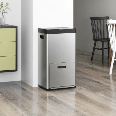 HOMCOM Poubelle Cuisine 3 Compartiments Inox Argent