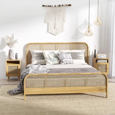 HOMCOM Juego de 2 Mesillas de Noche Estilo Cannage con Puerta y Estante Abierto Mesas Auxiliares 39x35x60 cm Natural