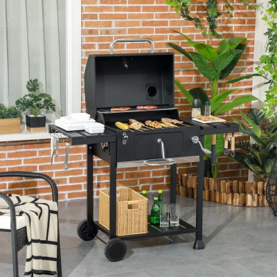 Outsunny Barbecue au charbon de bois bac à charbon réglable, couvercle, thermomètre, tablettes, à roulettes, en acier inoxydable