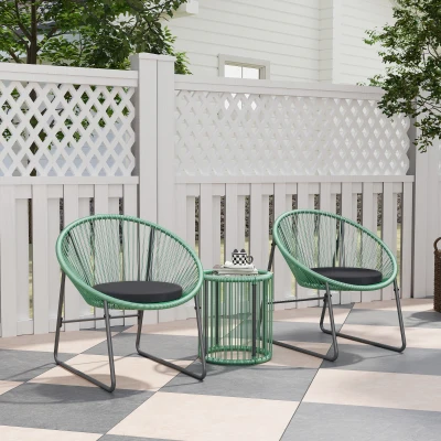 Outsunny 3-delig outdoor meubelset: 1 tafel, 2 stoelen, glazen tafelblad, kunststof-rattan rond stalen frame, zachte kussens, groen
