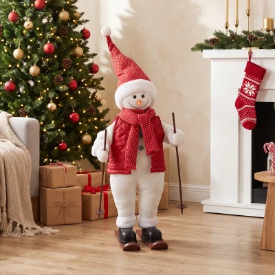 HOMCOM Zingende skiër-kerstman, 65 cm, geanimeerde kerstfiguur met ski's, skistokken en geluid-/aanraakactivatie