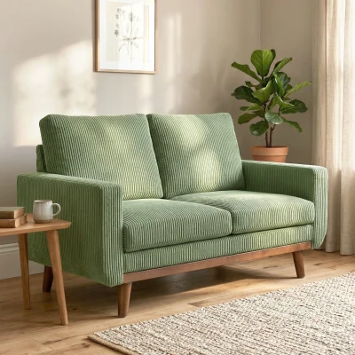 HOMCOM 2-Sitzer-Sofa, 134 cm Cord-Sofa mit Taschenfedern, dicker Rückenlehne, Holzlatten-Akzent, Grün