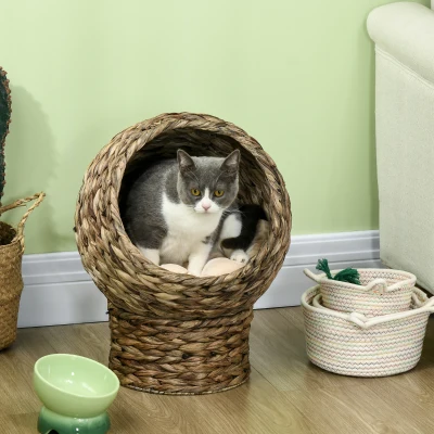PawHut kattenslaapplek, kattenbed met kussen, kattengrot, bananenblad, grijs