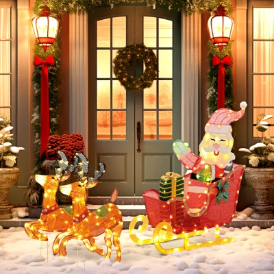 Outsunny Stralende Kerstdecoratie, Kerstman op Slee met Rendieren, 246 LED-Lampjes, Grondspiezen, Veelkleurig