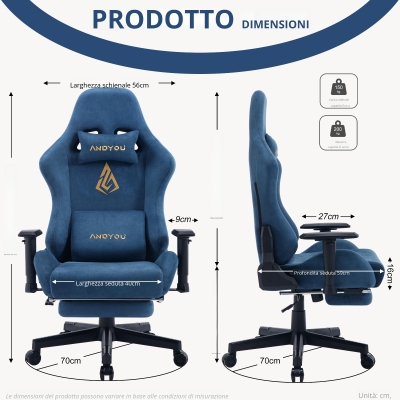 Sedia da gaming con poggiapiedi, Blu