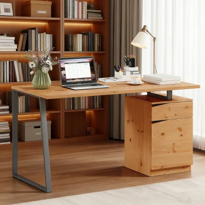 HOMCOM Computerschreibtisch mit Schrank und Schublade 135 x 60 cm, verstellbares Regal, Metallfüße, Industrial-Stil, Naturholz