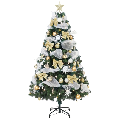 HOMCOM Weihnachtsbaum 180cm mit 200 warmweißen LEDs, 8 Modi, 800 feuerhemmende Zweige, Kugeln, Bänder, Schleifen