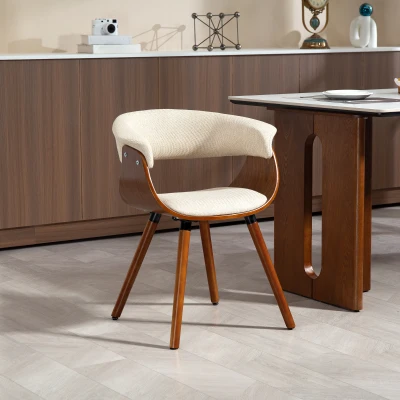 HOMCOM Eetkamerstoel, Stof in Linnenlook, Gebogen Rugleuning, Houten Poten, Beige