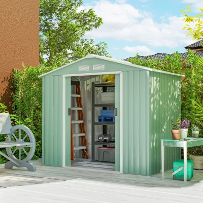 Outsunny gereedschapsschuur, tuinhuisje, met schuifdeuren, fundering, weerbestendig, staal, groen, 213 x 130 x 185 cm