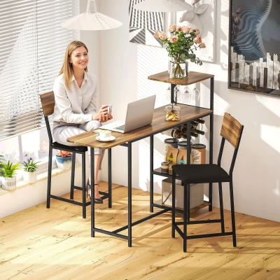 HOMCOM 3-delige Bartafelset, 1 Bartafel, 2 Stoelen, met Wijnrek, Glazenhouder, Open Planken, Voetensteunen, Bruin