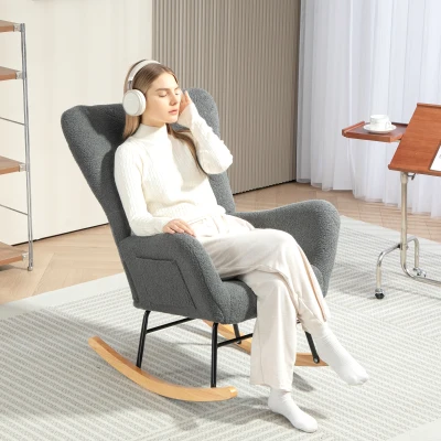 HOMCOM Mecedora de Borreguito con Respaldo Acolchado Almohada y Base de Madera de Caucho Carga 120 kg Gris