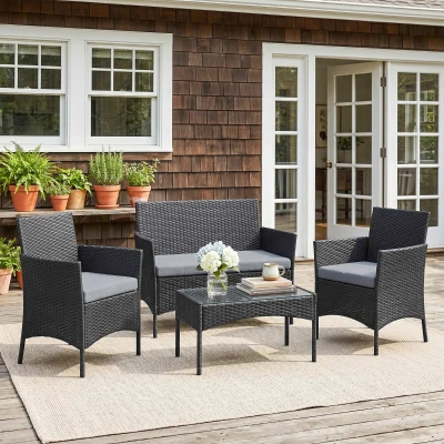 Outsunny 4pc Rattan Sofa Set with Table & Cushions, Black