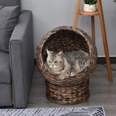 PawHut Waterhyacint kattenmand met kussen, kattenbed, huisdierbed, 50 cm x 42 cm x 60 cm, bruin+beige