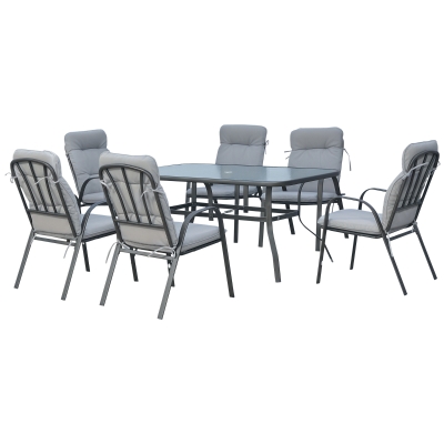 Outsunny 7 Piece Garden Dining Set Grey, Glass Table & Chairs