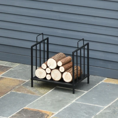 Outsunny Estante de Leña para Chimenea Tradicional Leñero Interior y Exterior Almacenaje para Madera Soporte para Leña con Asas Diseño Elevado 44,5x33x46,5 cm Negro