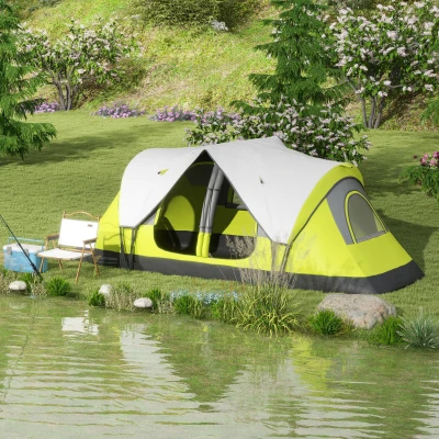 Outsunny campingtent, 2 kamers, scheidingswand, voor 6-8 personen, regenbescherming, donkergroen