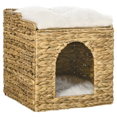 PawHut kattengrot met waterhyacintgras, 2 slaapruimtes, 2 wasbare kussens, naturel + wit