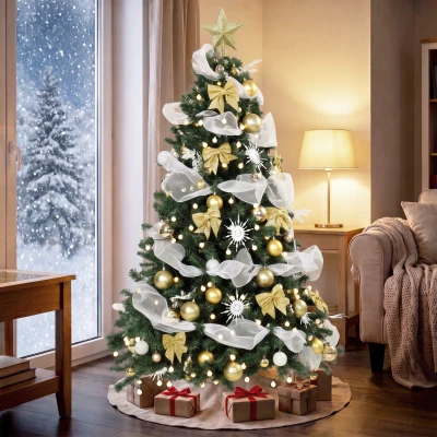 HOMCOM Weihnachtsbaum 180cm mit 200 warmweißen LEDs, 8 Modi, 800 feuerhemmende Zweige, Kugeln, Bänder, Schleifen
