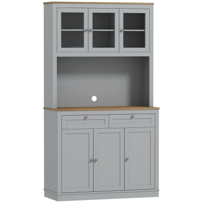 HOMCOM Alacena de Cocina con 3 Puertas de Vidrio Compartimento Abierto 2 Cajones y Estantes Ajustables 100x40x180 cm Gris