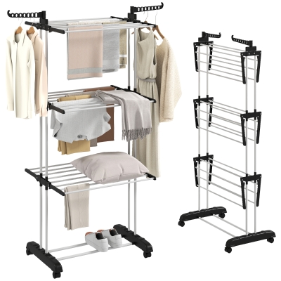 HOMCOM Tendedero de Ropa Plegable con Ruedas 3 Niveles con Alas Plegables y Colgadores 73x64x172 cm Negro y Blanco
