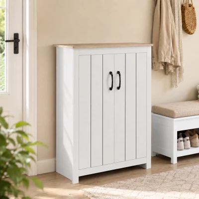 HOMCOM Sapateira 4 Níveis 12 Pares Armário para Sapatos 2 Portas e Prateleiras Ajustáveis 80x32,8x105 cm Carvalho e Branco