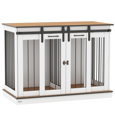 PawHut Hondenbench met 2 Deuren, Hondenbox, Transportbox voor Honden, Rustiek Ontwerp, Vergrendelbaar, Wit