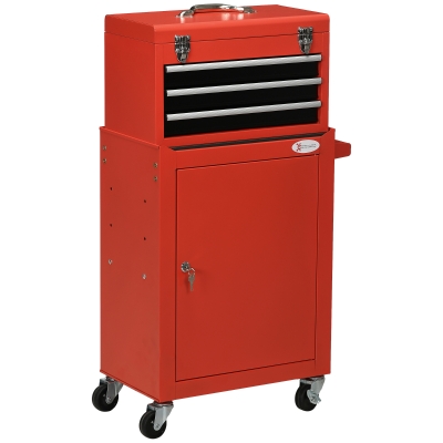 DURHAND 2-in-1 Gereedschapswagen, mobiel, 3 laden, gereedschapsbord, stalen behuizing, 46L x 28B x 94H cm, Rood