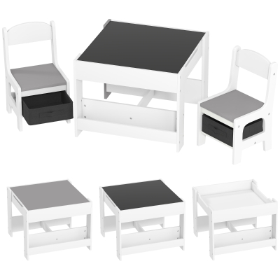 HOMCOM Conjunto de Mesa e 2 Cadeiras Infantis 2 em 1 com Ardósia Gavetas de Tecido e Espaço de Armazenamento para Quarto Cinza