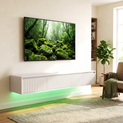 HOMCOM Mobilă TV suspendată flotantă 160 cm cu iluminare LED și prize, mobilă pentru televizor 182,88 cm, alb