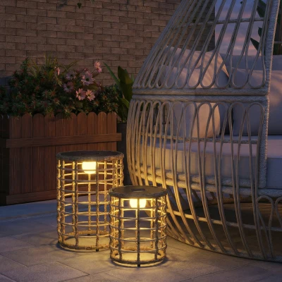 Outsunny Solar vloerlamp set van 2 Rattan solarlampen met lichtsensor LED Boho-stijl IP44