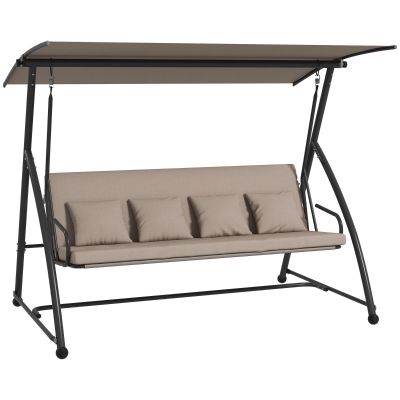 Outsunny 2-in-1 Hollywood schommel met Ligfunctie, 3-zits Tuinschommel van Staal 170x110x153cm, Lichtbruin