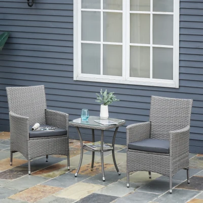 Outsunny Conjunto de Muebles para Jardín Juegos de Muebles de Ratán Incluye 1 Mesa y 2 Sillones con Cojines Estructura de Metal para Terraza Patio Gris