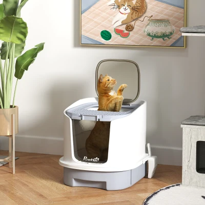 PawHut Kattenbak met deksel boveninstap schep uitschuifbare lade voor katten tot 4,5 kg, 40,5x52,5x42,5 cm Grijs