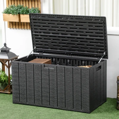 Outsunny Tuinbox 366 L kunststof dubbelwandig waterdicht kussenbox met wielen en handgrepen houtlook