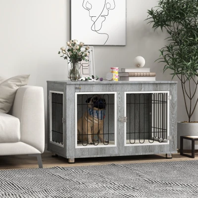 PawHut Dog Crate Furniture Table Grey with Cushion & Doors