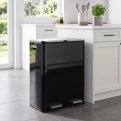 HOMCOM Double Kitchen Bin 2x30L Stainless Steel Soft Close Black