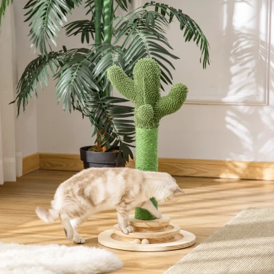 PawHut katten krabpaal cactus kattenboom grenenhout sisaltouw krabpaal met houten ballen speelgoed voor katten 60 cm hoog groen + naturel