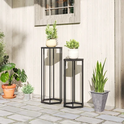 Outsunny 2-delige set plantenstandaarden voor binnen en buiten, hexagonale metalen pothouders voor tuin, terras, balkon