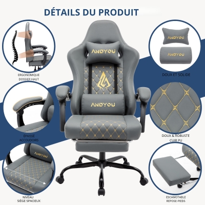 Fauteuil gaming avec repose-pieds, Gris