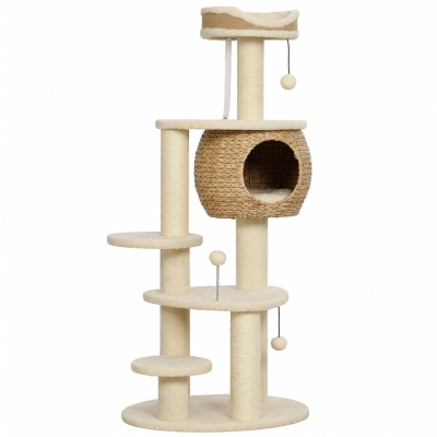 PawHut Grote krabpaal van 132 cm met handgevlochten kattenhuis van lisdodde, sisalpalen, ligbed, 3 speelballen en anti-kantelband, voor 1-2 katten tot 6 kg