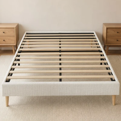 HOMCOM Bettgestell 160 x 200 cm mit Lattenrost, Gepolstertes Doppelbett aus Cordvelours, Stauraum unter dem Bett, Creme