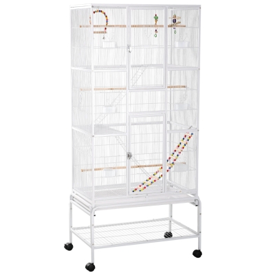PawHut Jaula para Pájaros con Ruedas con Comederos Perchas Columpio Estante y Bandeja Extraíble 83x53x180 cm Blanco