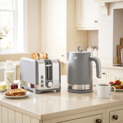 HOMCOM waterkoker- en broodroosterset, 1,7 l, 2200 W snelkook-waterkoker met thermostaat, 2-sneetjes broodrooster, grijs