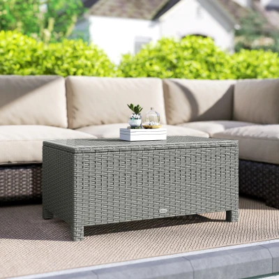 Outsunny Rattan Coffee Table with Glass Top Light Grey