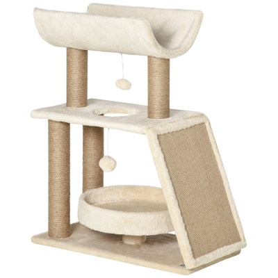 PawHut Krabpaal Kattenboom, inclusief speelgoed en kattenbed, 60 cm x 30 cm x 76 cm, Crème + Natuur
