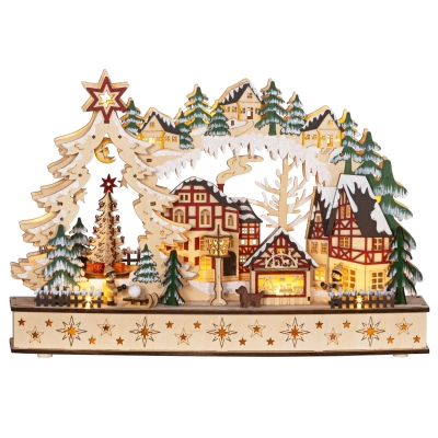 HOMCOM Kerstdorp in Winterwonderland, 20 LED-Lichten, Meerlaags, Natuurhout, 45 x 12 x 30 cm